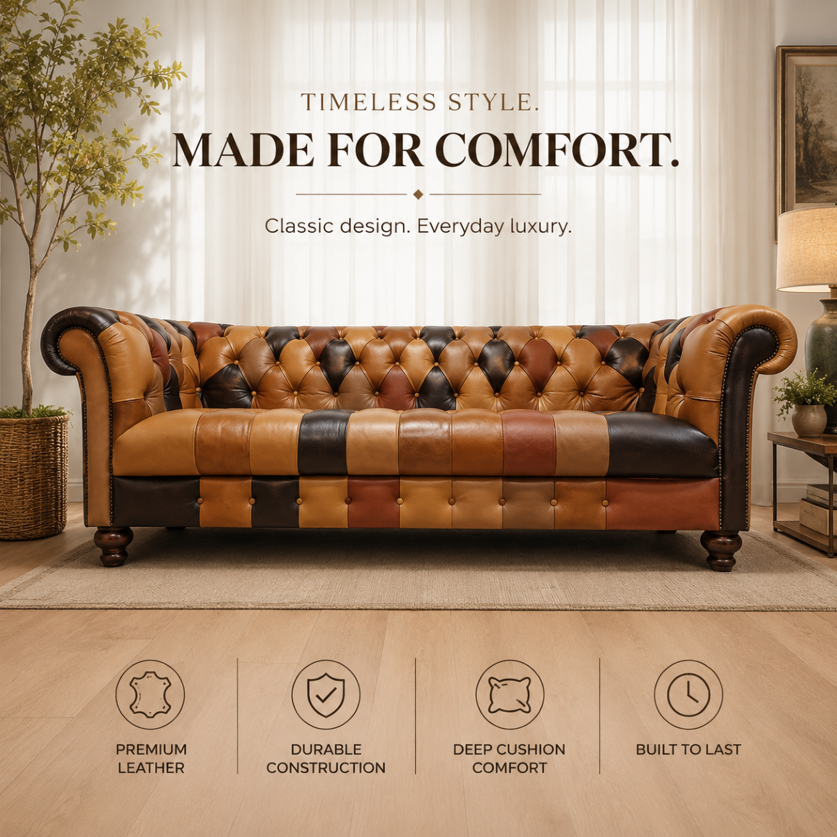 Harlequin Brown Patchwork Chesterfield Leather 3 Seater Sofa