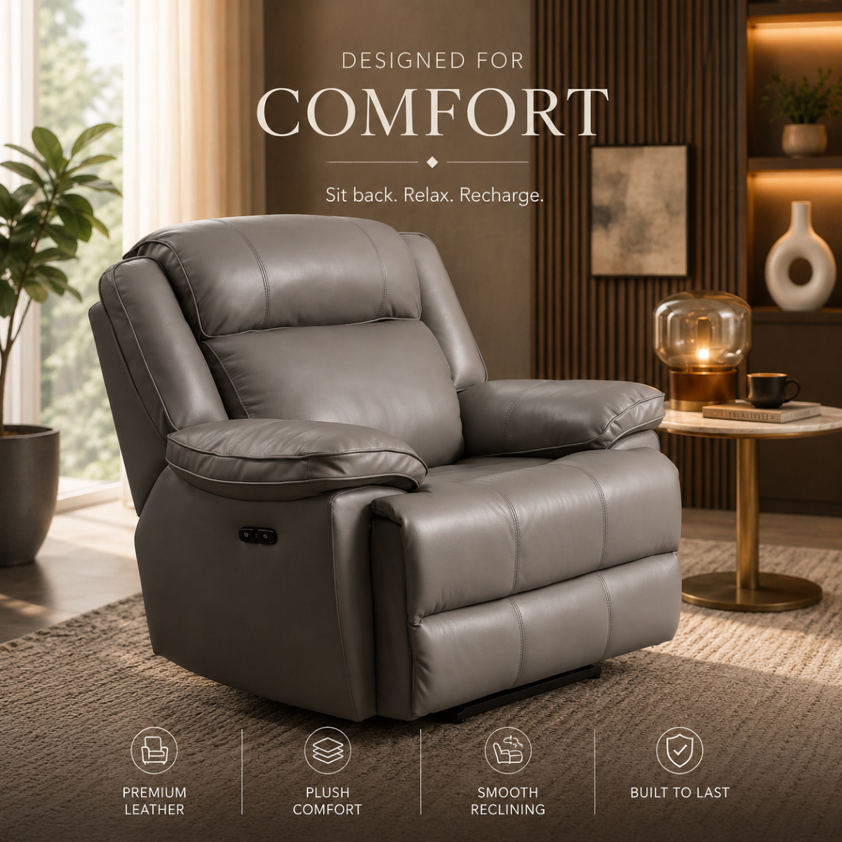 Georgia Leather Manual Recliner Armchair Sofa Grey Upholstery