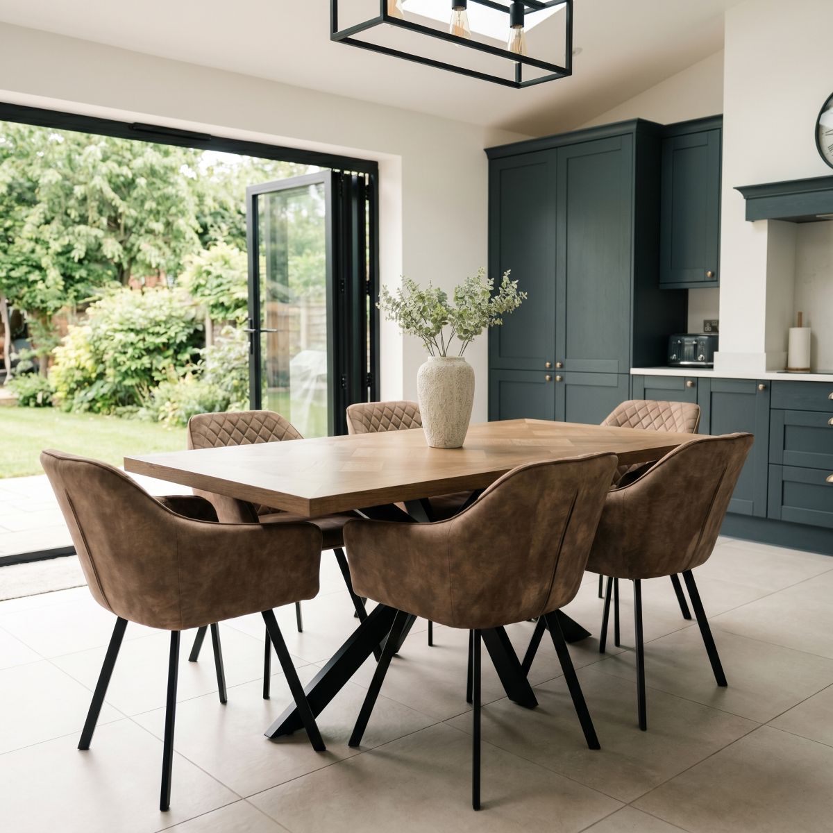 Darla Wood 1.8 Table & 6 Arina Swivel Chairs Mink