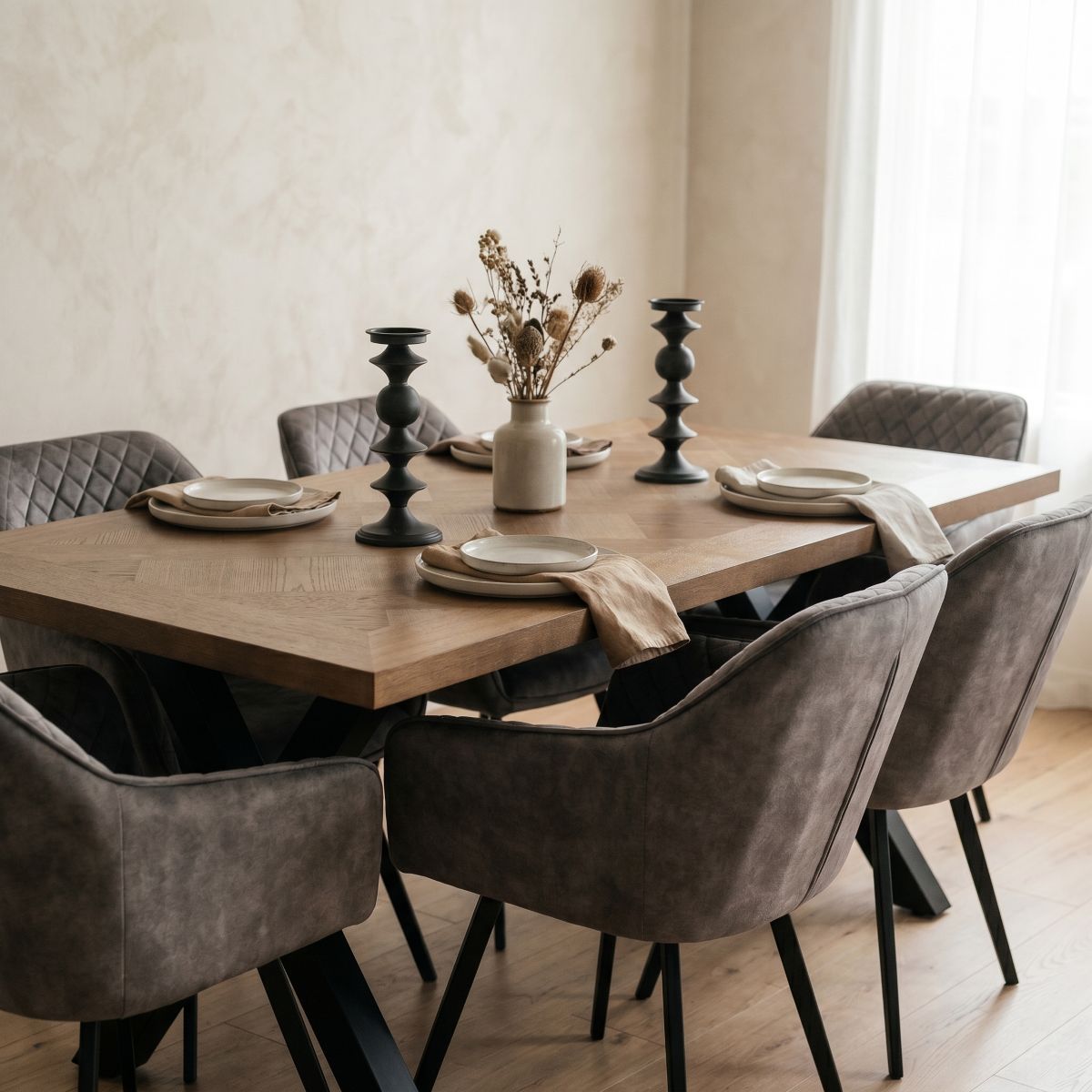 Darla Wood 1.8 Table & 6 Arina Swivel Chairs Grey