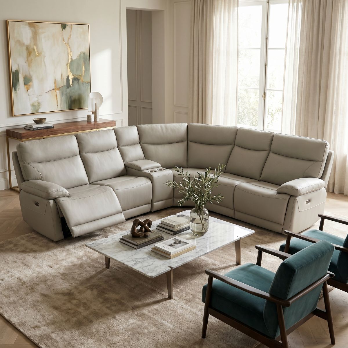 Houston Modular Corner Power Recliner Ivory Leather Sofa 