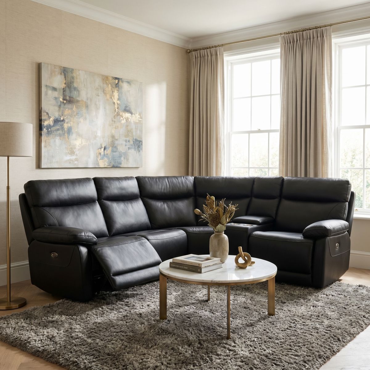 Houston Modular Corner Power Recliner Black Leather Sofa 